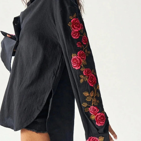 Black Casual Women's Loose Woven Asymmetrical Hem Long Sleeve Long Shirt - Picture 5 of 7